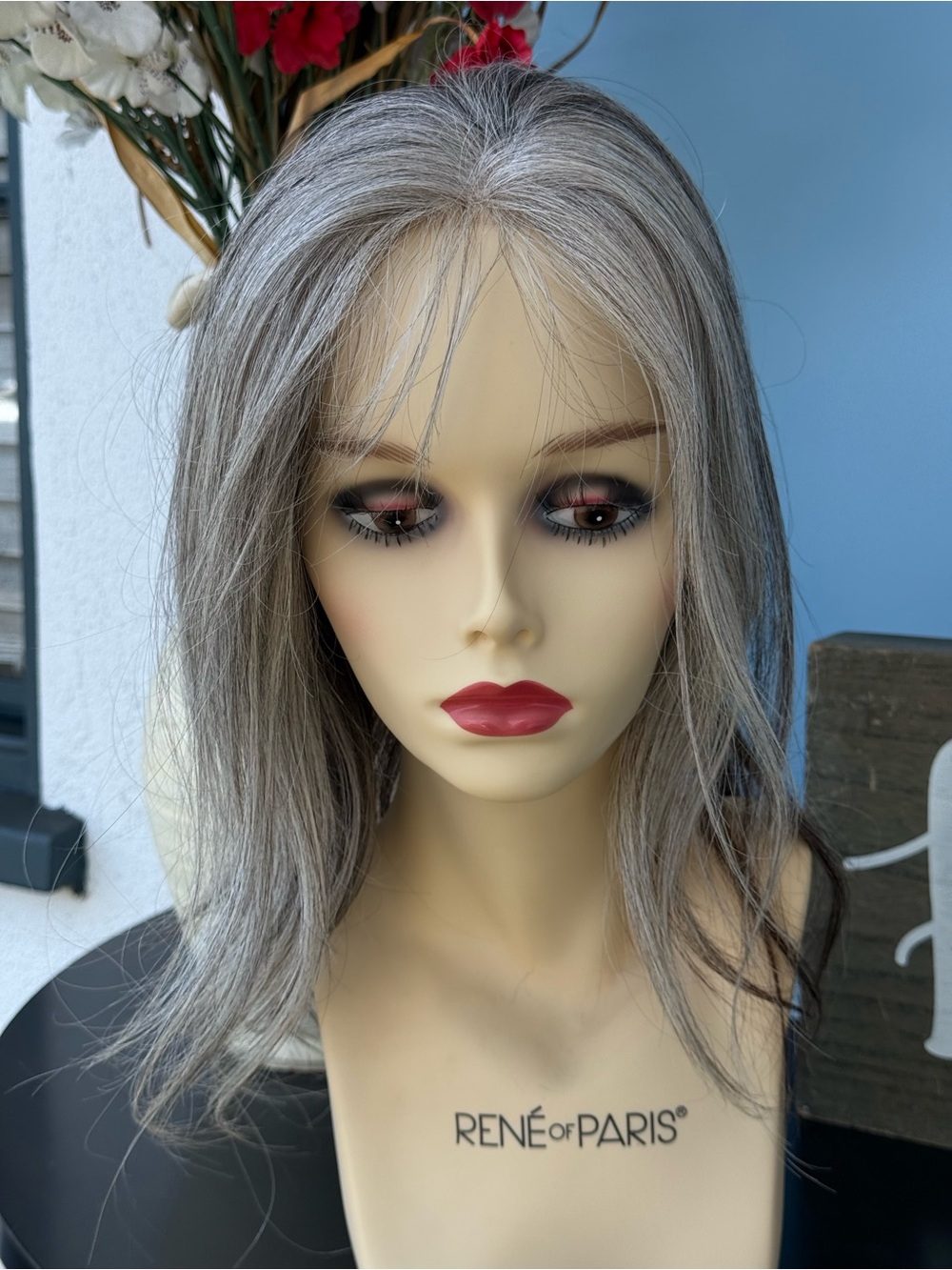 Human hair topper salt and pepper gray color